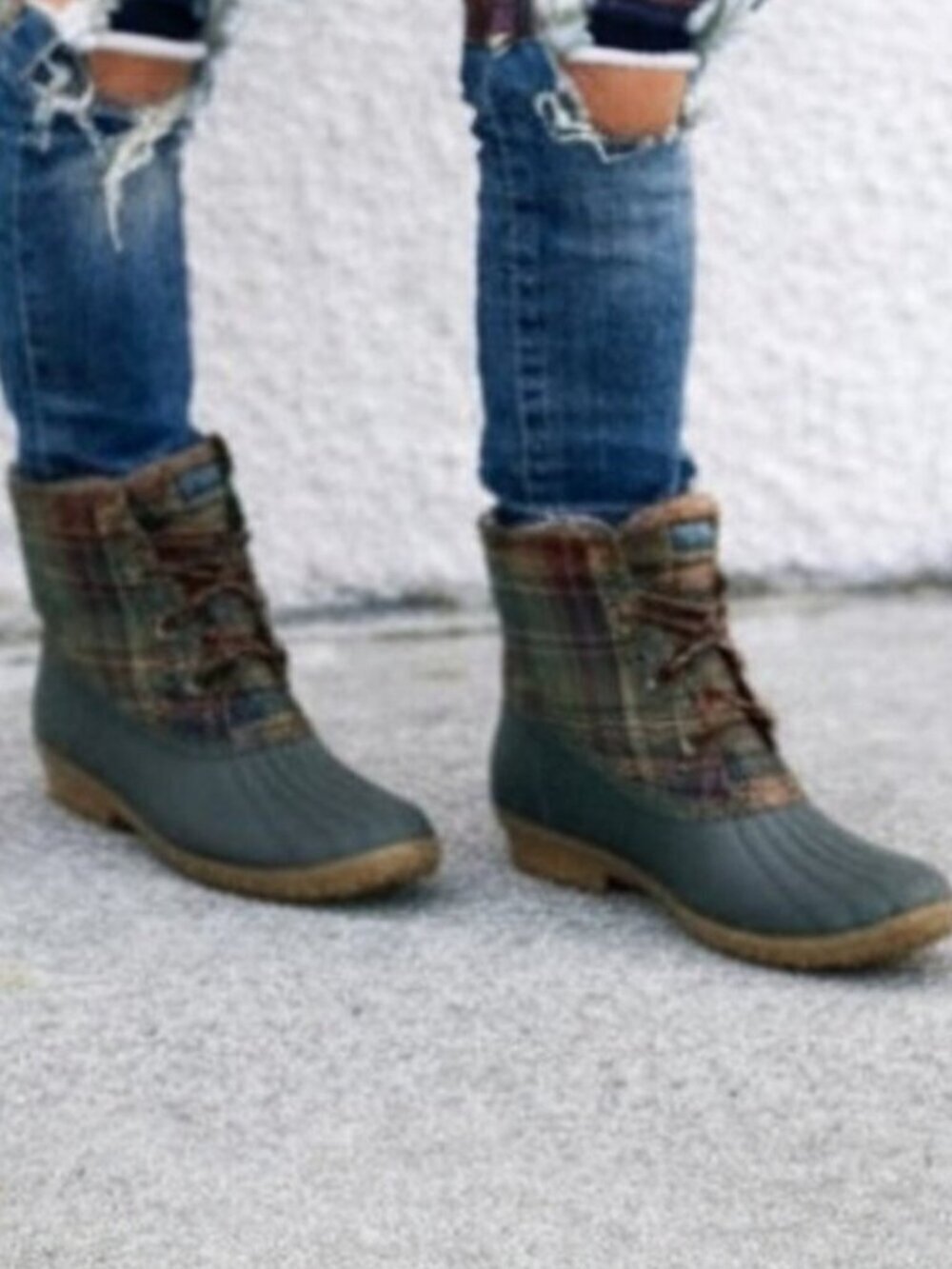 J Crew Sperry Syren Gulf Brown Plaid Flannel Wool Saltwater Duck Boots Size 7.5